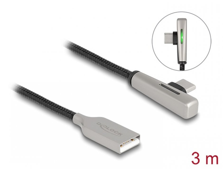 Imagine Cablu USB 2.0-A la USB type C T-T Fast Charging 60W cu LED 3m brodat Negru, Delock 80768