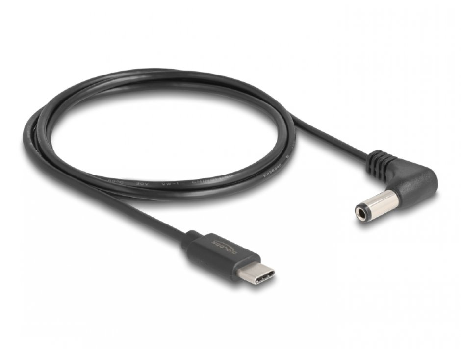 Imagine Cablu de alimentare USB type C la DC 5.5 x 2.5mm unghi T-T 1.5m, Delock 85399