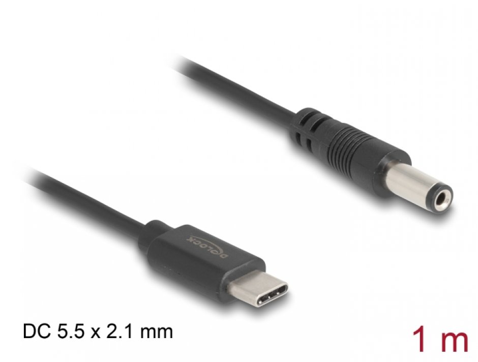 Imagine Cablu de alimentare USB type C la DC 5.5 x 2.1mm T-T 1m, Delock 85397
