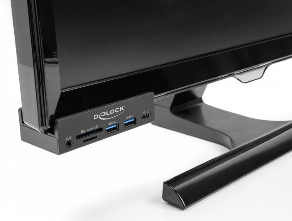 Imagine HUB USB-A 5Gbps la 2 x USB-A/1 x USB Type C/SD+MicroSD/jack stereo montare monitor Negru, Delock 64285