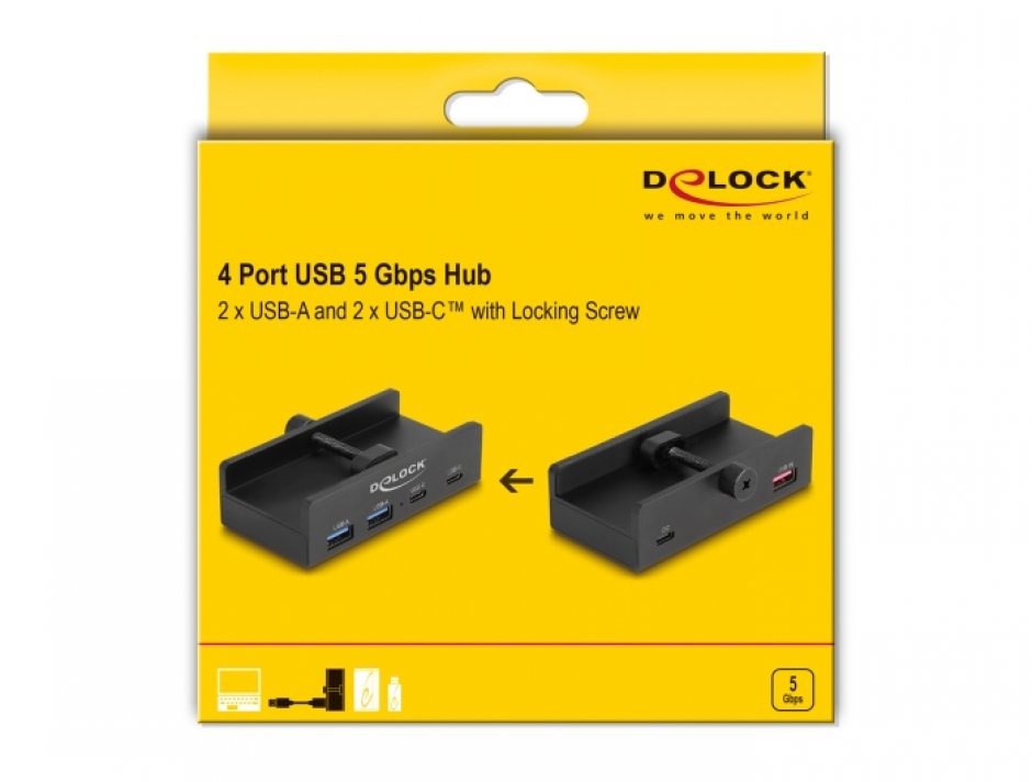 Imagine HUB USB-A 5Gbps la 2 x USB-A/2 x USB Type C montare monitor Negru, Delock 64262