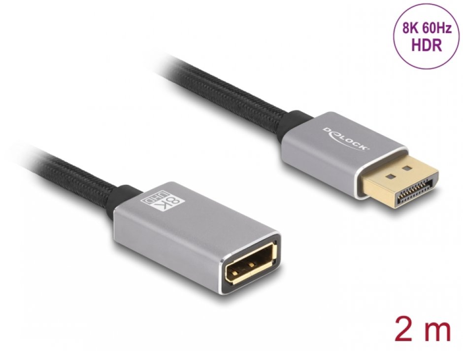 Imagine Cablu prelungitor Displayport 8K60Hz/4K240Hz T-M 2m Negru/Argintiu, Delock 81080