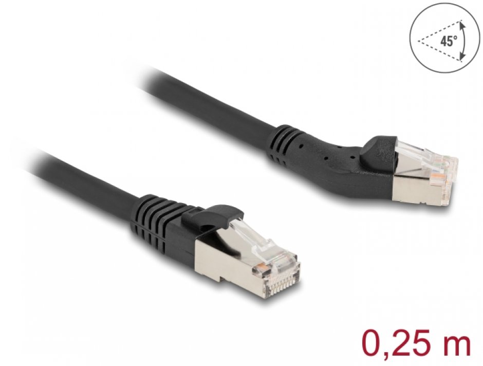 Imagine Cablu de retea RJ45 6A S/FTP drept/unghi 45 grade stanga 0.25m Negru, Delock 80582