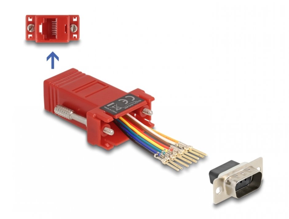 Imagine Adaptor Assembly Kit D-Sub 9 pini la RJ45 T-M Rosu, Delock 67103