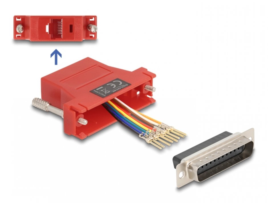 Imagine Adaptor Assembly Kit D-Sub 25 pini la RJ45 T-M Rosu, Delock 67115