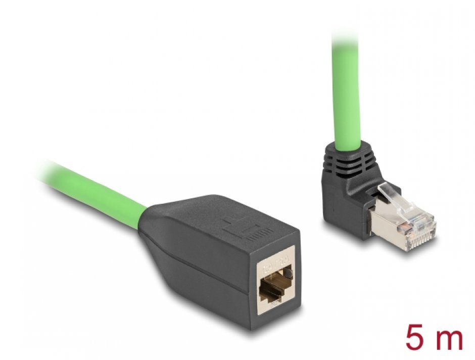 Imagine Cablu prelungitor de retea RJ45 Cat.6A SFTP drept/unghi sus TPU 5m Verde pentru medii industriale, Delock 80885