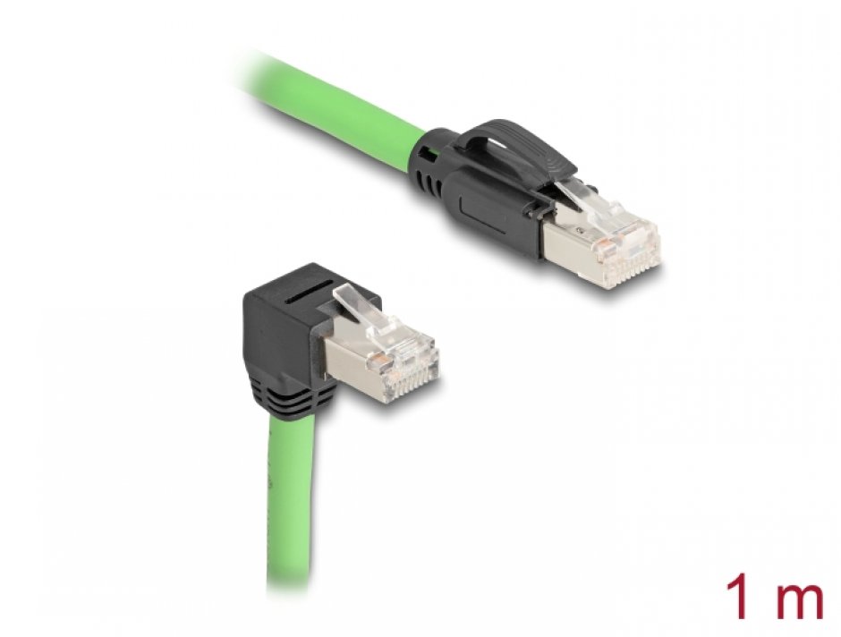 Imagine Cablu de retea RJ45 Cat.6A SFTP drept/unghi jos TPU 1m Verde pentru medii industriale, Delock 80895