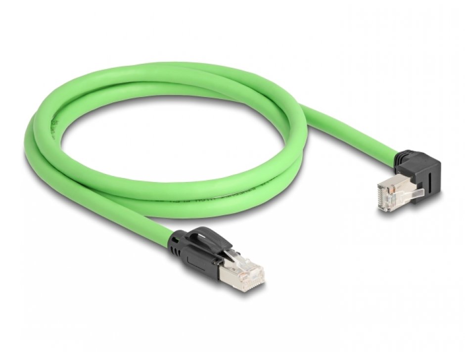 Imagine Cablu de retea RJ45 Cat.6A SFTP drept/unghi jos TPU 1m Verde pentru medii industriale, Delock 80895