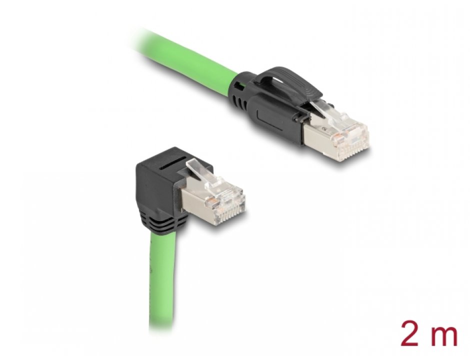 Imagine Cablu de retea RJ45 Cat.6A SFTP drept/unghi jos TPU 2m Verde pentru medii industriale, Delock 80896