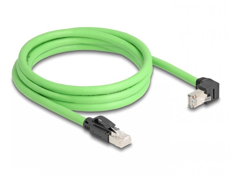 Imagine Cablu de retea RJ45 Cat.6A SFTP drept/unghi jos TPU 2m Verde pentru medii industriale, Delock 80896