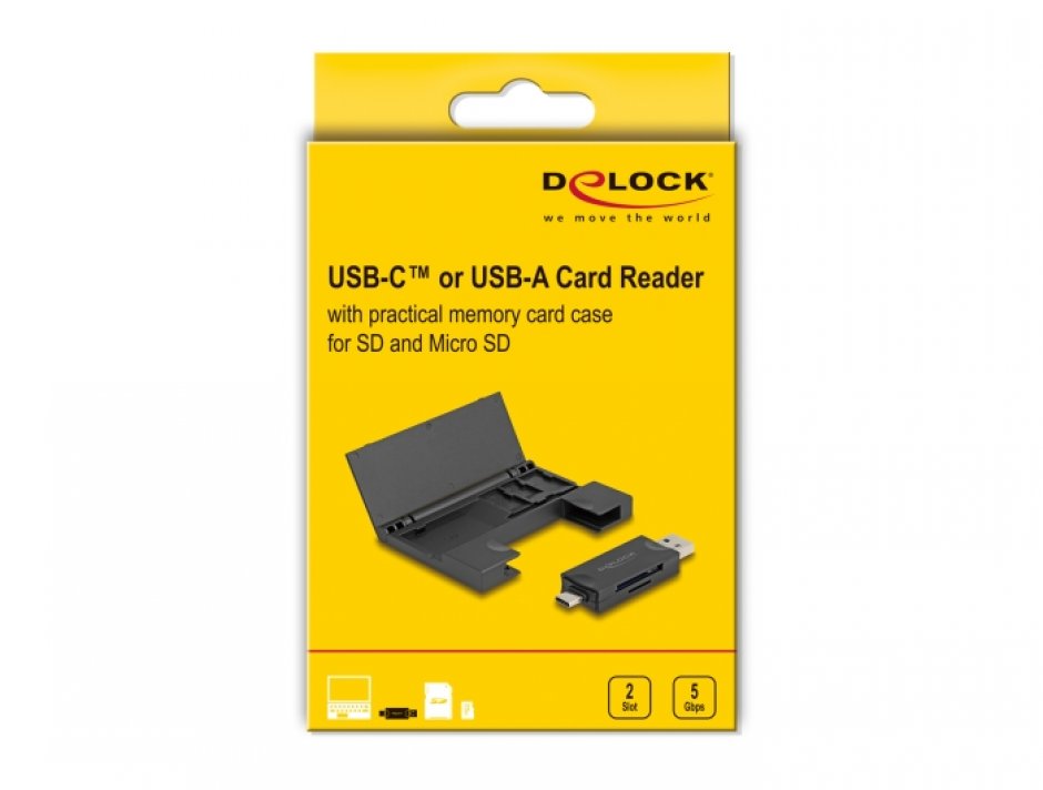 Imagine Cititor de carduri USB type C/USB-A 5Gbps la micro SD + SD + cutie depozitare Negru, Delock 91014