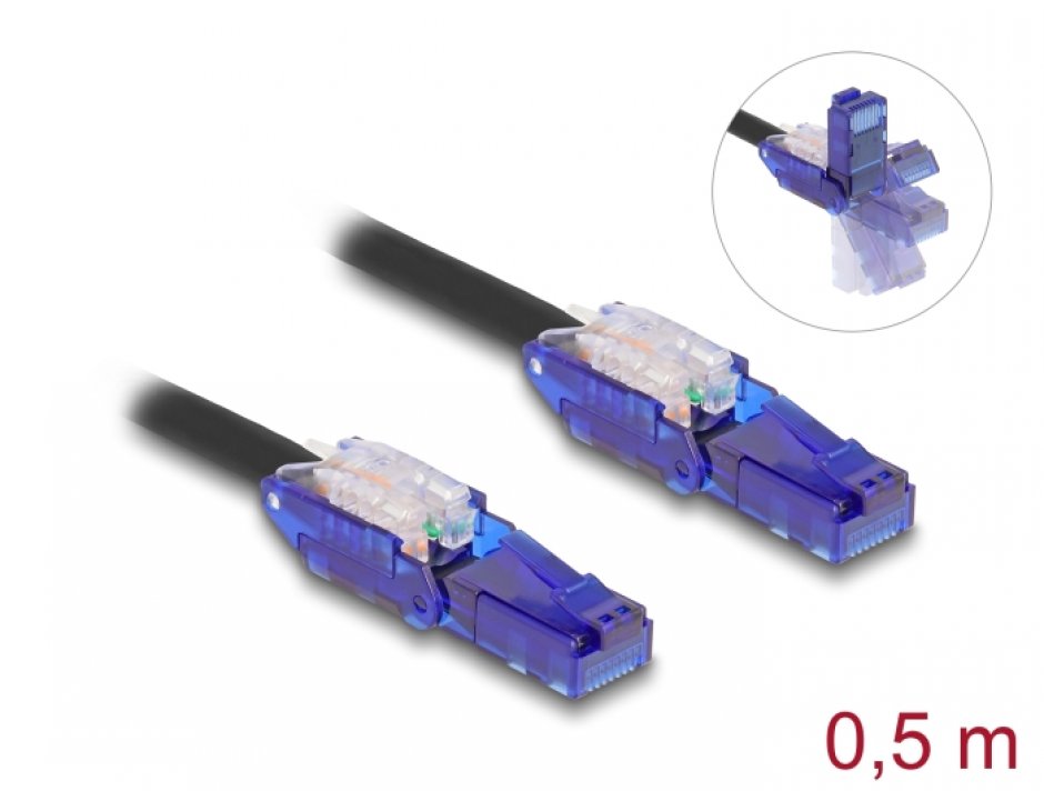 Imagine Cablu de retea RJ45 Cat.6 UTP conectori in unghi 180 grade 0.5m Negru, Delock 80925