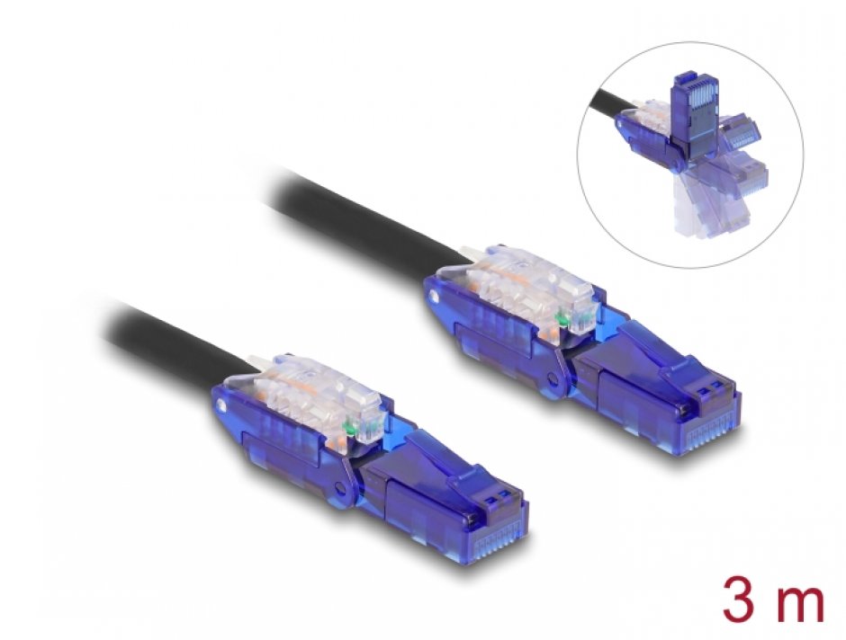 Imagine Cablu de retea RJ45 Cat.6 UTP conectori in unghi 180 grade 3m Negru, Delock 80928