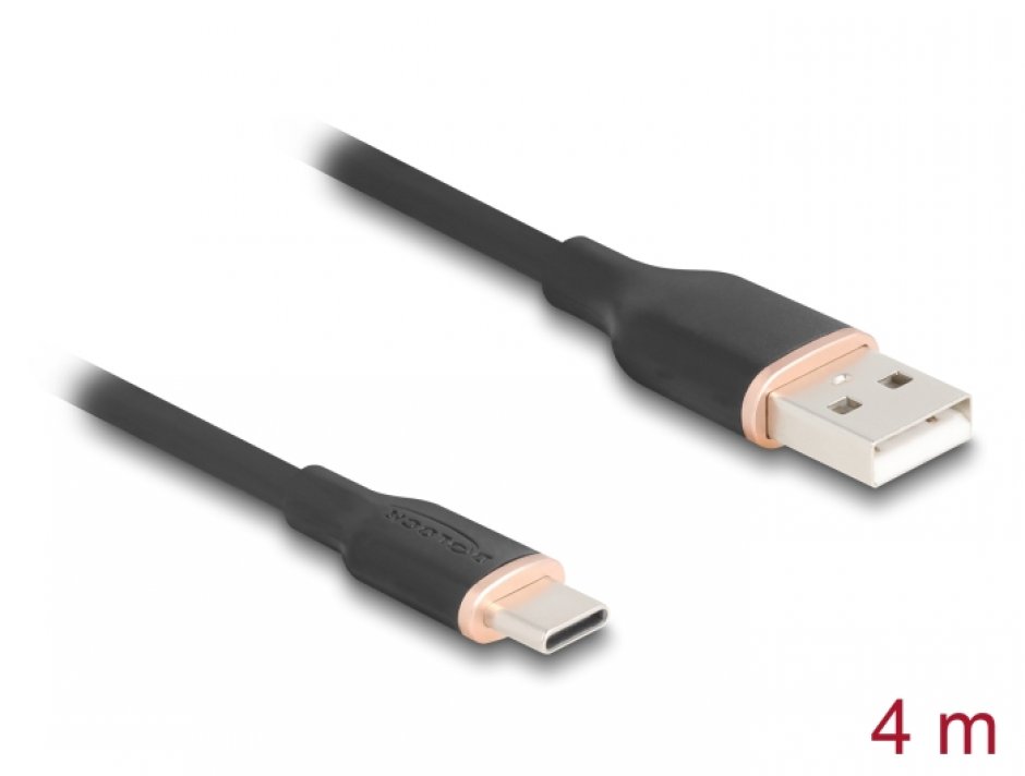 Imagine Cablu USB-A 2.0 la USB type C T-T 4m silicon Negru, Delock 81228