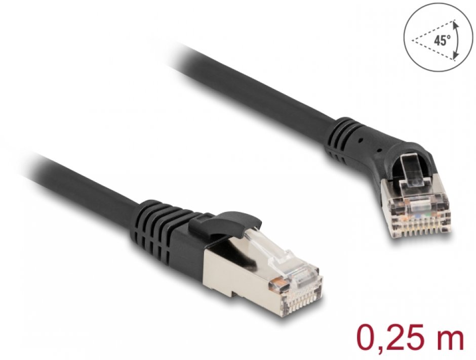 Imagine Cablu de retea RJ45 Cat.8.1 S/FTP drept/unghi 45 grade dreapta 0.25m Negru, Delock 80626