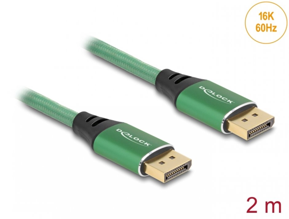 Imagine Cablu Displayport 16K60Hz/8K120Hz/4K240Hz T-T 2m brodat Verde, Delock 80630