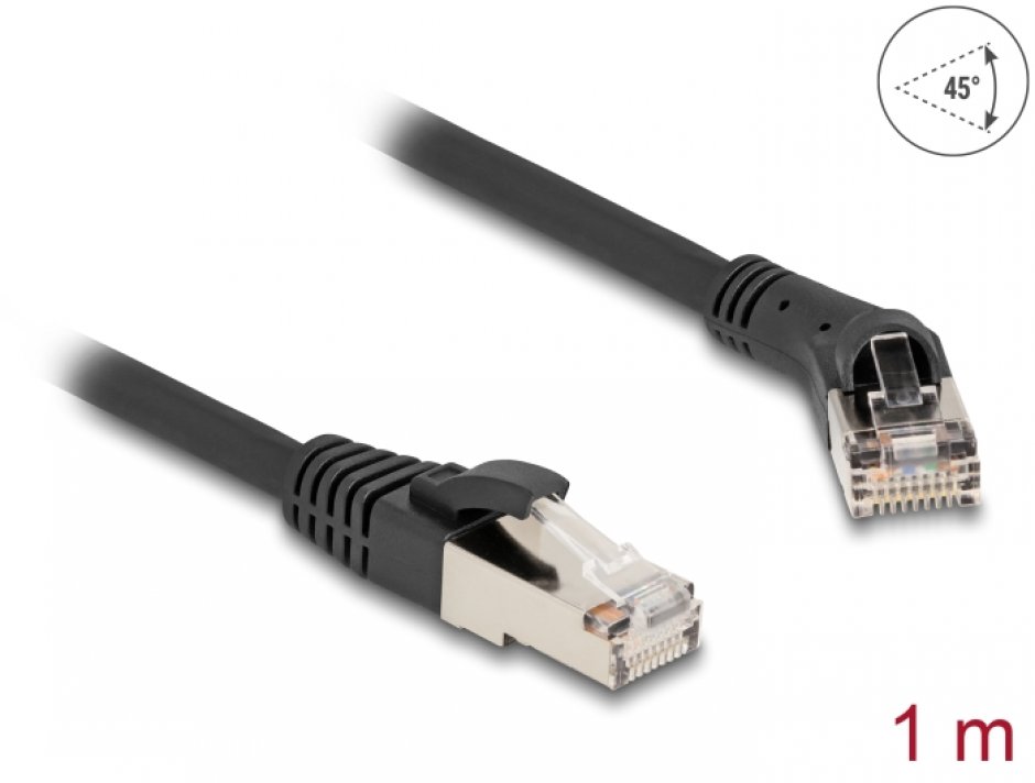 Imagine Cablu de retea RJ45 Cat.8.1 S/FTP drept/unghi 45 grade dreapta 1m Negru, Delock 80637