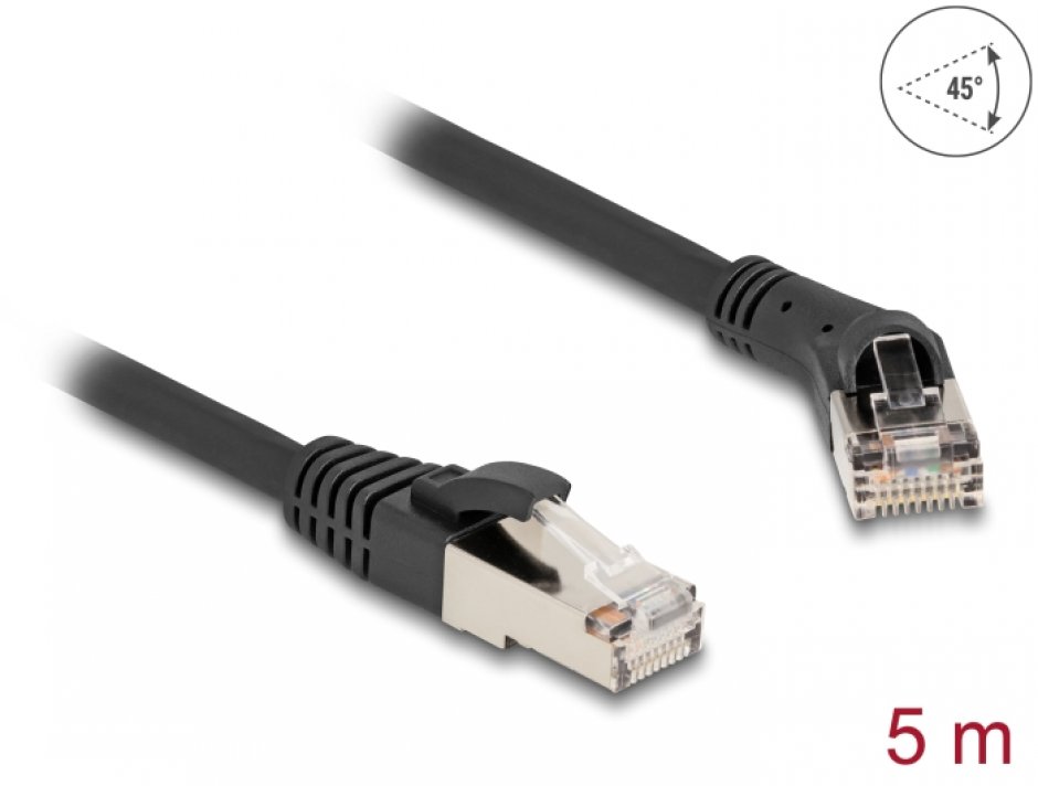 Imagine Cablu de retea RJ45 Cat.8.1 S/FTP drept/unghi 45 grade dreapta 5m Negru, Delock 80707