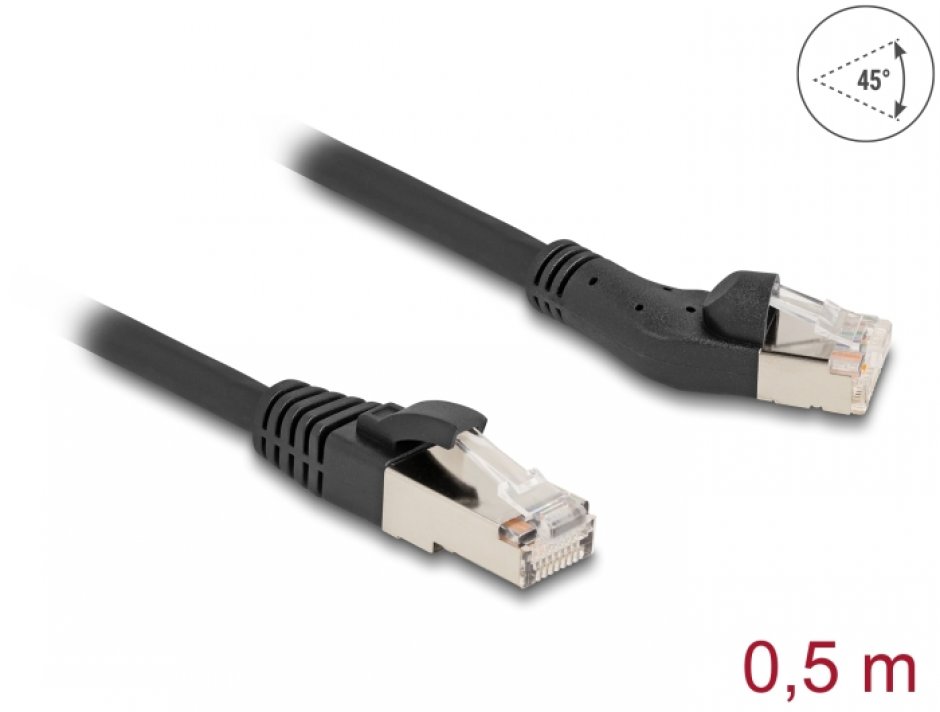 Imagine Cablu de retea RJ45 Cat.8.1 S/FTP drept/unghi 45 grade stanga 0.5m Negru, Delock 80749