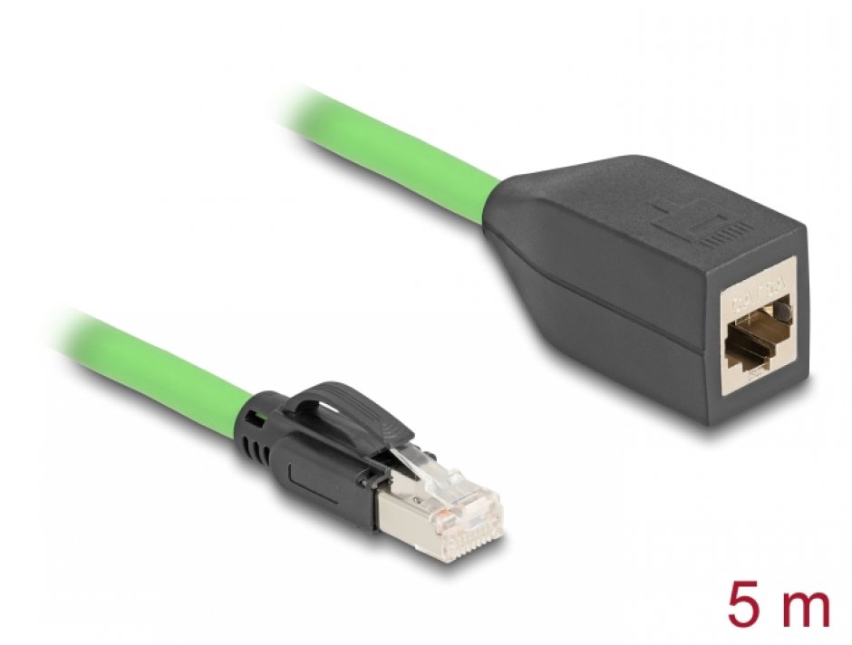 Imagine Cablu prelungitor de retea RJ45 Cat.6A SFTP TPU 5m Verde pentru medii industriale, Delock 80882