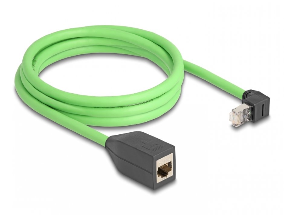 Imagine Cablu prelungitor de retea RJ45 Cat.6A SFTP drept/unghi sus TPU 2m Verde pentru medii industriale, Delock 80884