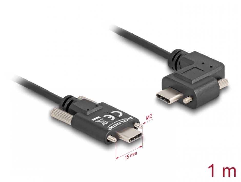 Imagine Cablu cu suruburi USB 2.0 type C drept/unghi stanga/dreapta T-T 60W 1m, Delock 80956