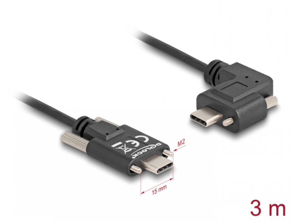 Imagine Cablu cu suruburi USB 2.0 type C drept/unghi stanga/dreapta T-T 60W 3m, Delock 80958