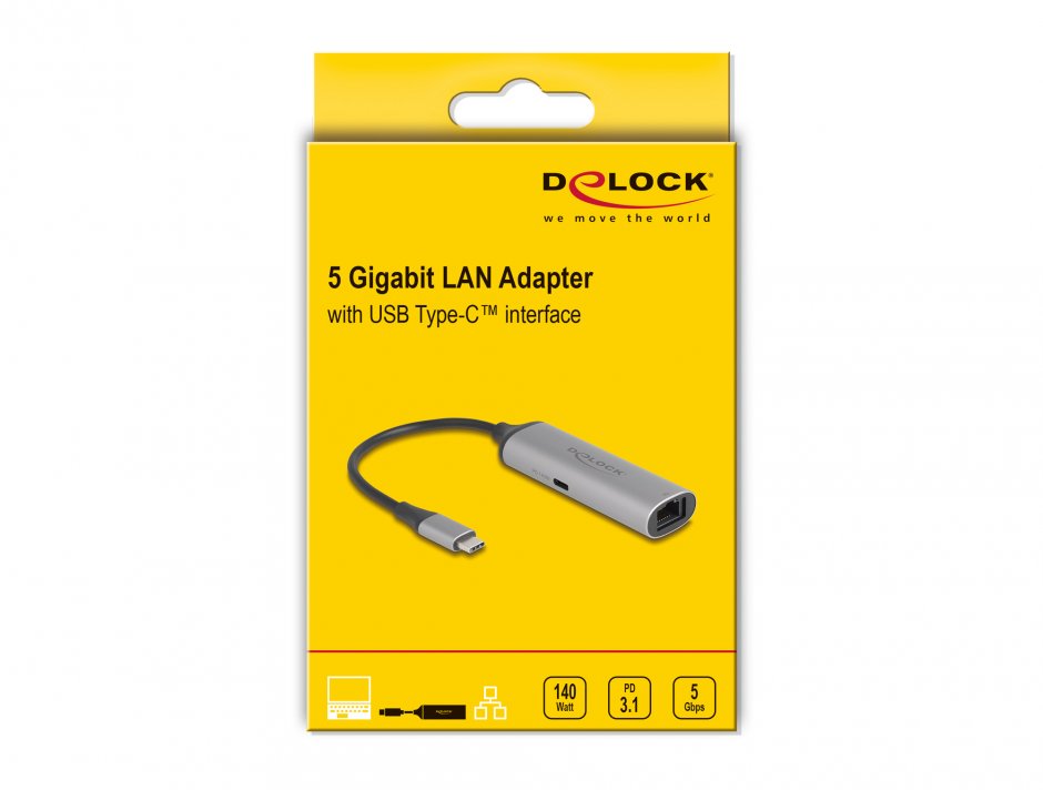 Imagine Adaptor USB type C la 5 Gigabit LAN RJ45 + PD 3.1 140W, Delock 81591