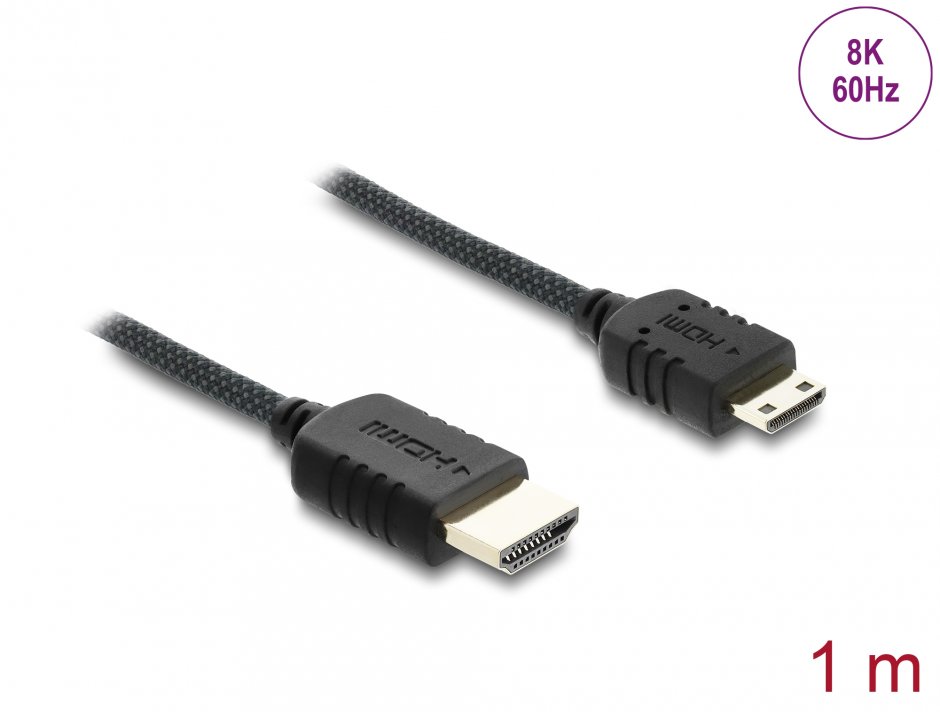 Imagine Cablu Coaxial High Speed HDMI la mini-C HDMI 8K60Hz/4K240Hz brodat 1m Negru, Delock 81687