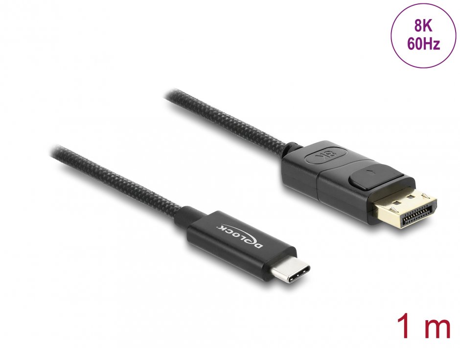 Imagine Cablu Coaxial USB Type C la DisplayPort (DP Alt Mode) 4K60Hz brodat 1m Negru, Delock 81701