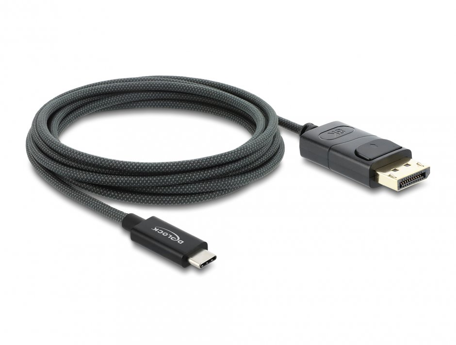 Imagine Cablu Coaxial USB Type C la DisplayPort (DP Alt Mode) 4K60Hz brodat 2m Negru, Delock 81702