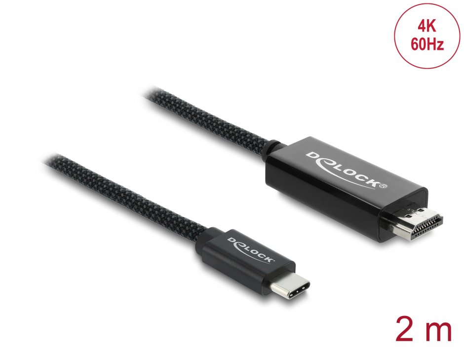 Imagine Cablu Coaxial USB Type C la HDMI (DP Alt Mode) 4K60Hz brodat 2m Negru, Delock 81704
