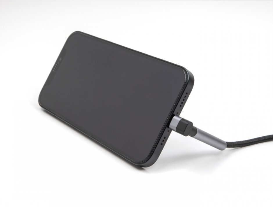 Imagine Cablu USB-A la iPhone Lightning drept/unghi MFI T-T 1.5m cu functie de stand, Delock 85404