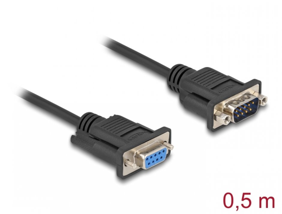 Imagine Cablu prelungitor serial RS-232 DB9 T-M 0.5m Negru, Delock 87819