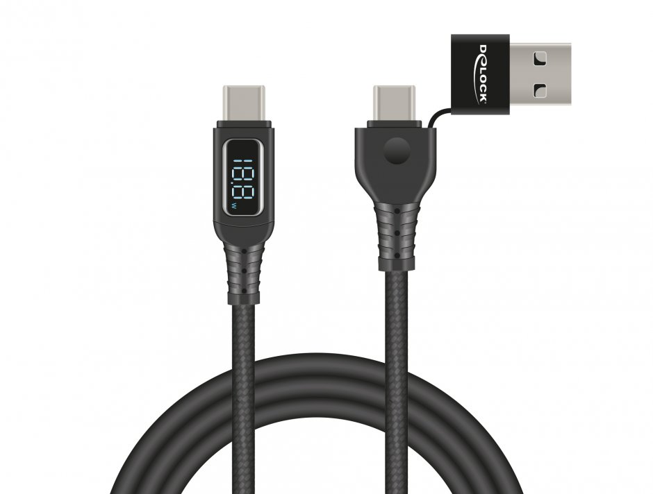 Imagine Cablu Fast charging USB 2.0 type C + adaptor USB-A la USB type C 140W cu indicator LED 1.2m, Delock 88137