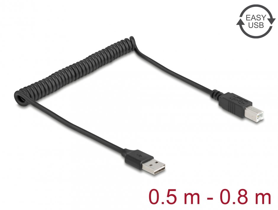 Imagine Cablu spiralat EASY USB 2.0-A la USB-B T-T max 0.8m, Delock 90130