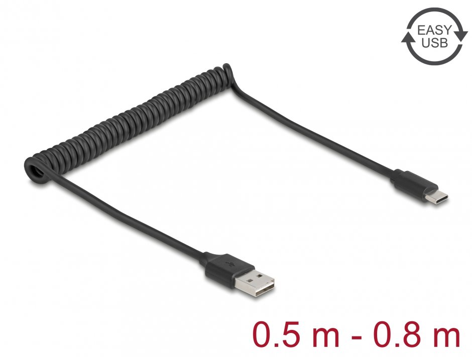 Imagine Cablu spiralat EASY USB 2.0-A la USB type C T-T max 0.8m, Delock 90133