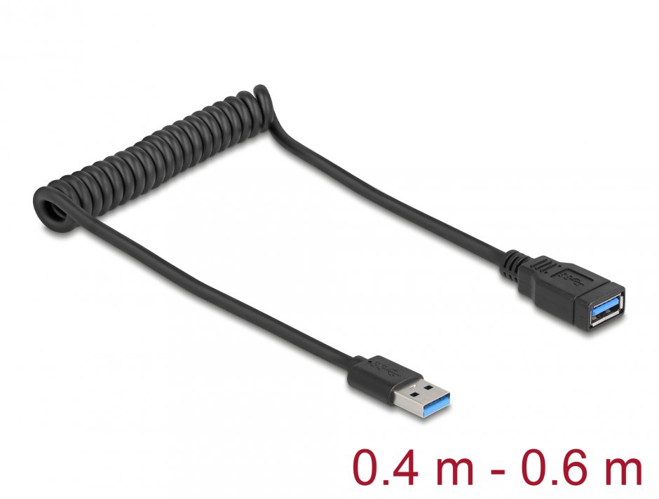 Imagine Cablu prelungitor spiralat USB 3.2 T-M max 0.6m Negru, Delock 90367