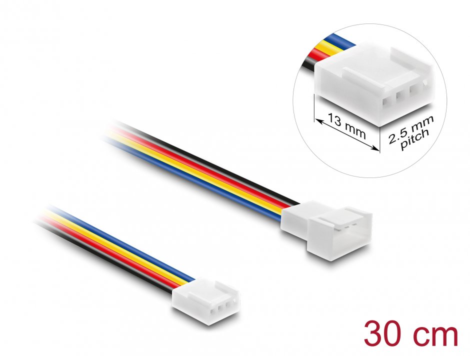 Imagine Cablu prelungitor alimentare ventilator PWM 4 pini lungime conector 13mm/pitch 2.5mm T-M 30cm, Delock 90871