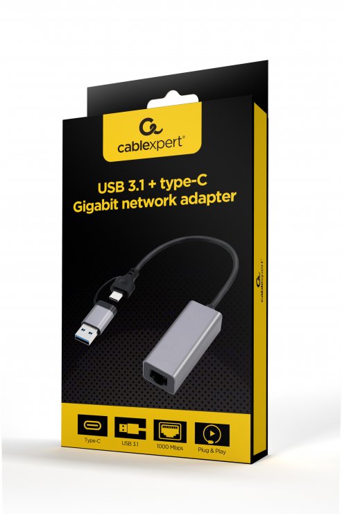 Imagine Adaptor USB 3.1 type C + adaptor USB-A la RJ45 Gigabit LAN, Gembird A-USB3AC-LAN-01