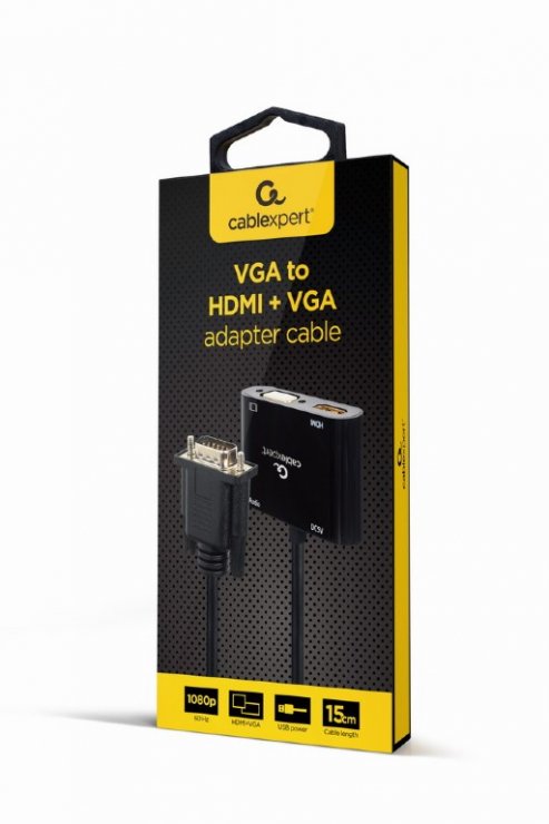 Imagine Adaptor VGA la HDMI Full HD + VGA T-M 15cm, Gembird A-VGA-HDMI-02