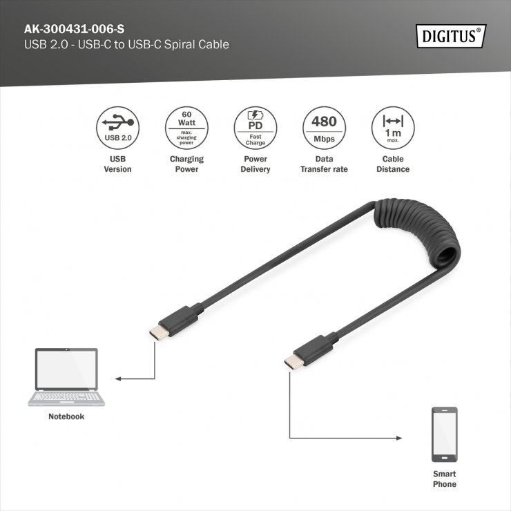 Imagine Cablu spiralat USB 2.0 type C 60W 1m Negru, Digitus AK-300431-006-S