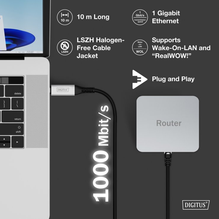 Imagine Cablu de retea USB 3.2 type C la RJ45 CAT 6A S/FTP LSOH 10m, Digitus AK-300601-100-S