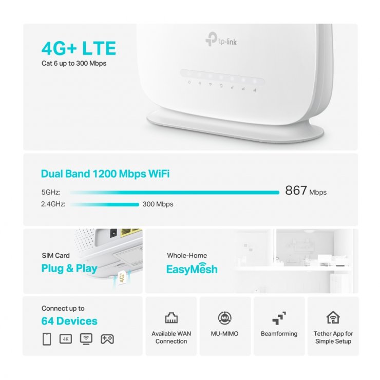 Imagine Router Wireless Dual Band Gigabit 4G+ Cat6 AC1200, TP-LINK ARCHER MR505