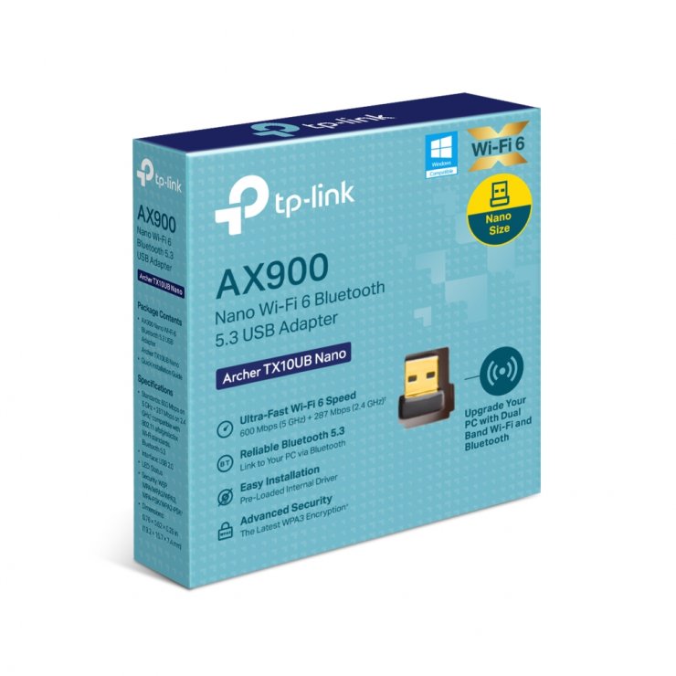 Imagine Adaptor USB AX900 Nano Wi-Fi 6 Bluetooth 5.3, TP-LINK Archer TX10UB Nano