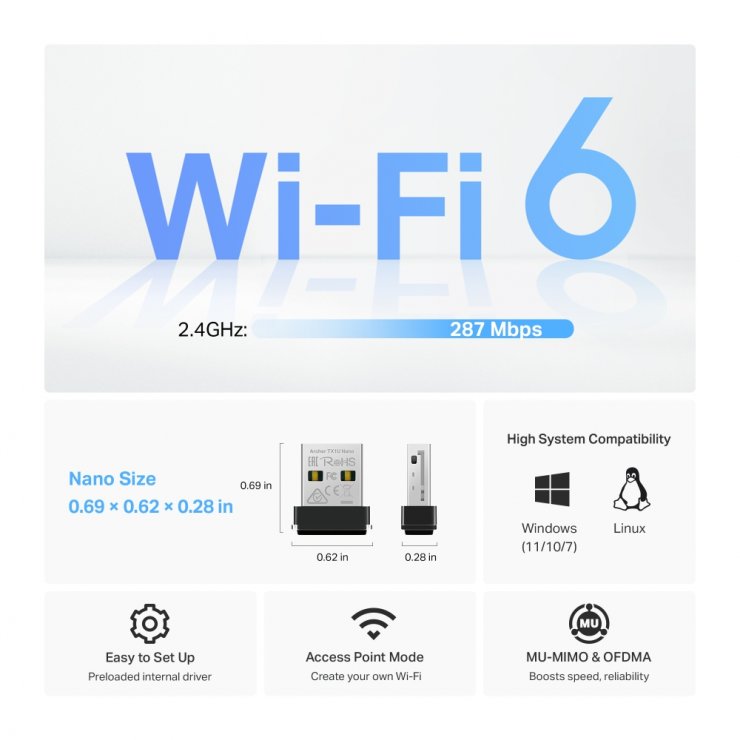 Imagine Adaptor USB wireless AX300 Nano Wi-Fi 6, TP-LINK Archer TX1U Nano