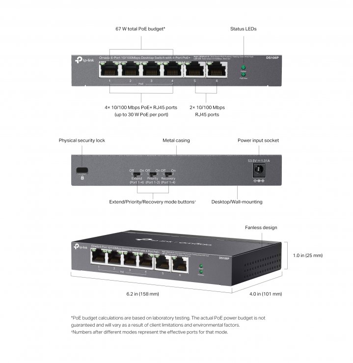 Imagine Switch Desktop 6 porturi 10/100Mbps (din care 4 x PoE+), TP-LINK DS106P