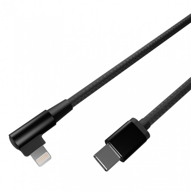 Imagine Cablu Apple Lightning la USB type C drept/unghi T-T 0.2m brodat Negru, Gembird CC-USB2-CMLML-0.2M