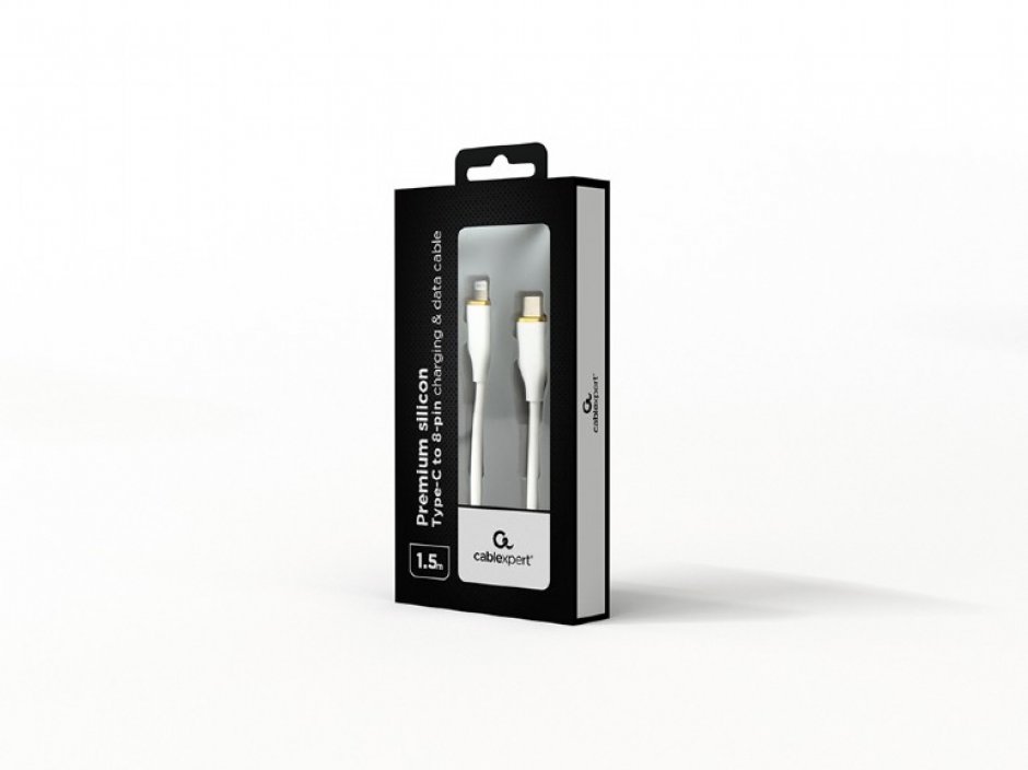 Imagine Cablu silicon USB 2.0 type C la iPhone Lightning 1.5m Alb, Gembird CC-USB2S-CM8PM-1.5M-W