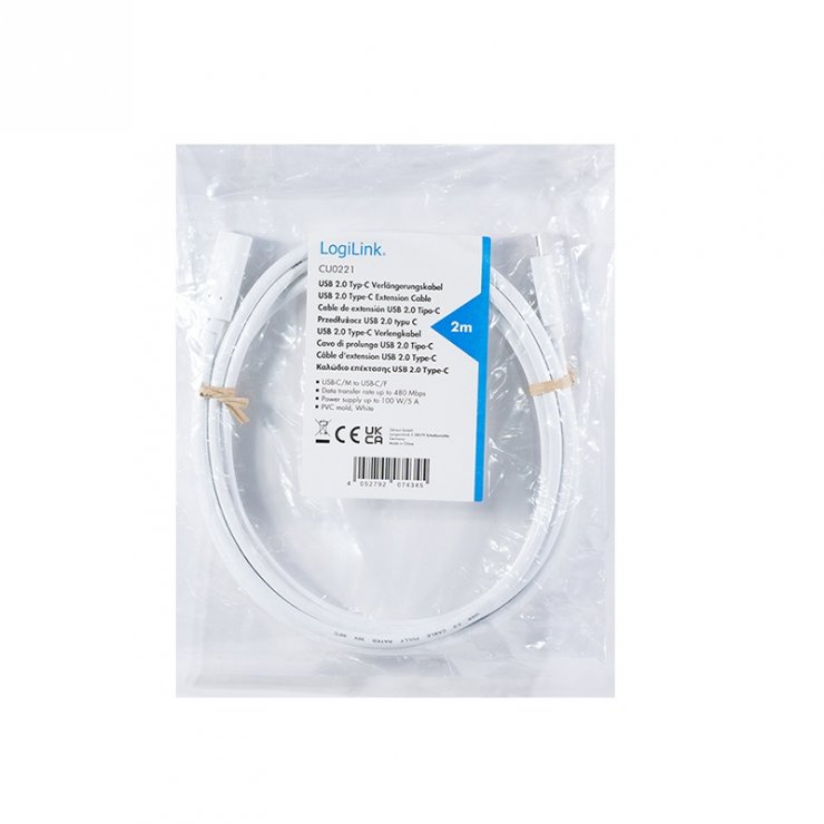 Imagine Cablu prelungitor USB 2.0 type C 60W T-M Alb 2m, Logilink CU0221